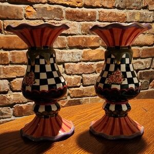 2Nannette Vancher Black and White Checkered 10" Candle Holders